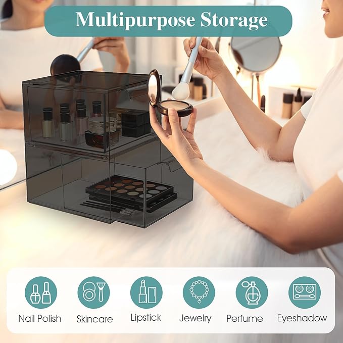 SpaceHacks 3 Pack Stackable Makeup Organizer and Storage, Acrylic Organizers，Clear Plastic Storage Drawer with Pull-Out Handles for Vanity, Undersink, Kitchen Cabinets, Pantry, Black