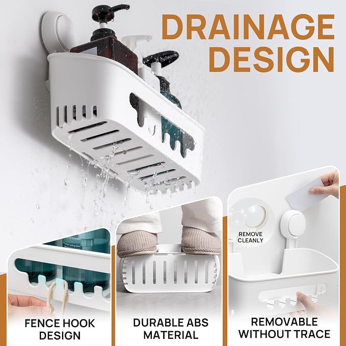 LEVERLOC Shower Caddy Suction Cup 2 Pack, Shower Organizer Removable Bathroom Shelf, Storage Suction Powerful Max Hold 22lbs Bathroom Caddy Waterproof Holder, White