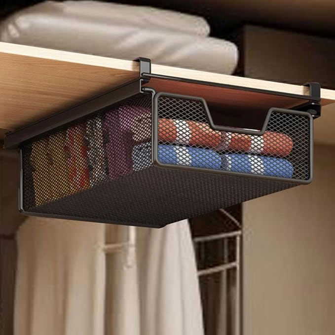 under Shelf Basket Black Decoration Space Saving Portable Hanging Pullout Drawer Basket Organizer for Cupboard Laundry Room, Length 37 cm