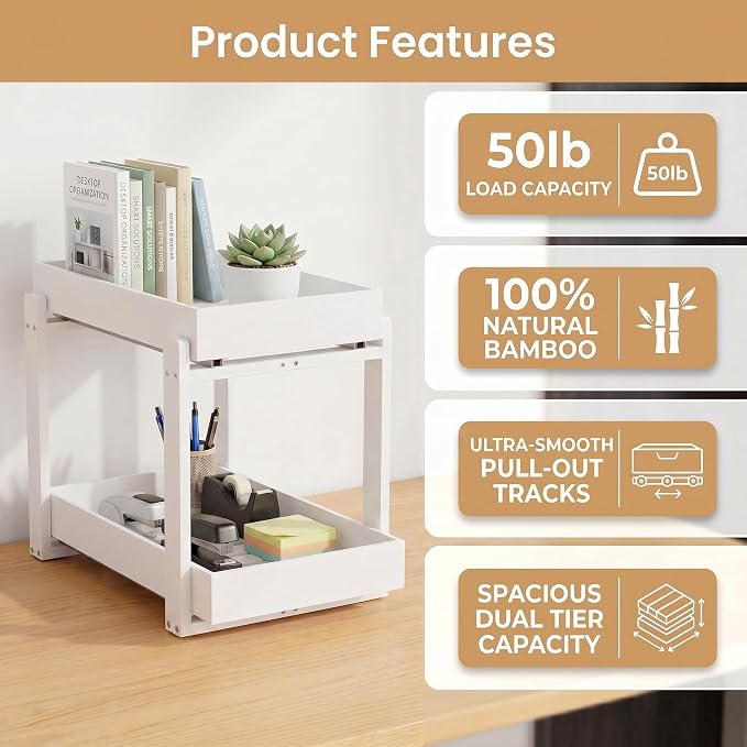 Bamboo Under Sink Storage 2 Tier Pull Out Cabinet Organizer Slide Out Under Sink Storage Shelf Undersink Organizers Shelves for Kitchen Bathroom Organization (White, 2 Pack)