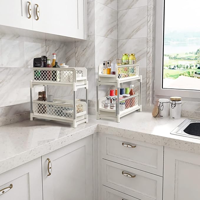 Under Sink Organizer, 2 Tier Bathroom Organizer Under Sink, Pull-Out Sliding Under Kitchen Cabinet Storage Rack, Multi-purpose Organizer Storage Shelf for Bathroom Kitchen, White, 2 Pack