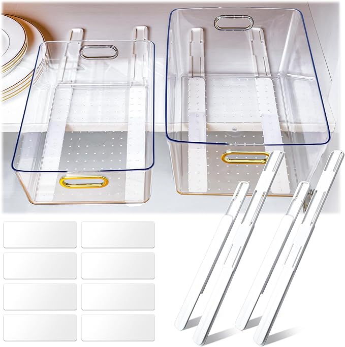Reallnaive 2 Pcs Clear Pull out Cabinet Organizer with 4 Pcs Adhesive Sliders Rails, Pull out Drawer Organizer Accessories Plastic Slide Storage Drawer for Office Kitchen Bathroom Home School