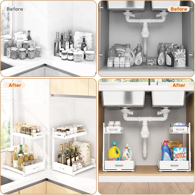 Under Sink Organizer, 2 Tier Slide Out Cabinet Organizer with Pulley, Height Adjustable Pull Out Shelf for Kitchen, Bathroom, Laundry and Utility Storage, White, 1 Pack