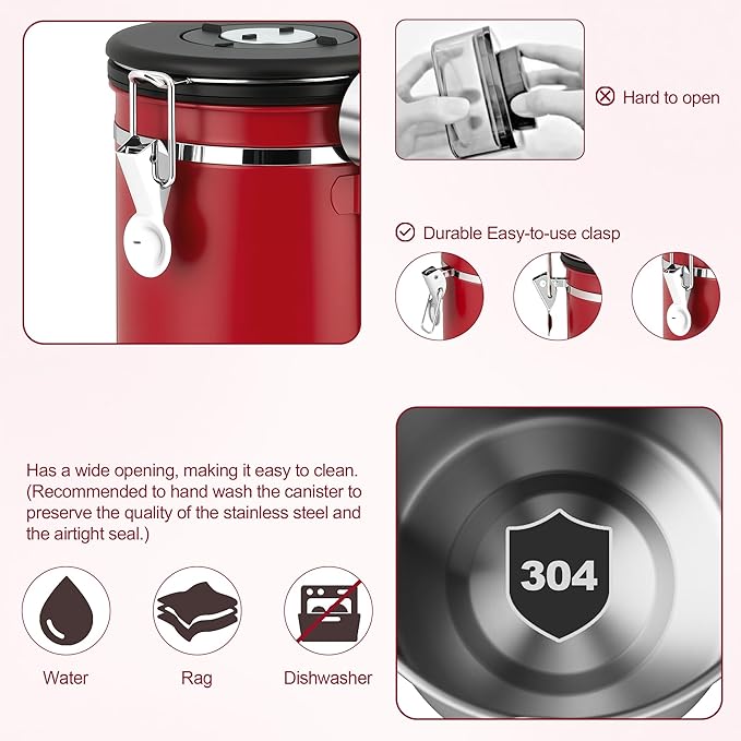 ShanSon Coffee Canister Airtight, Stainless Steel Bean Storage Container with Date Tracker & Scoop, Grounds Sugar Flour Tea Cereal Fits Kitchen Pantry, Ideal Gift for Coffee Lovers,12oz,Red