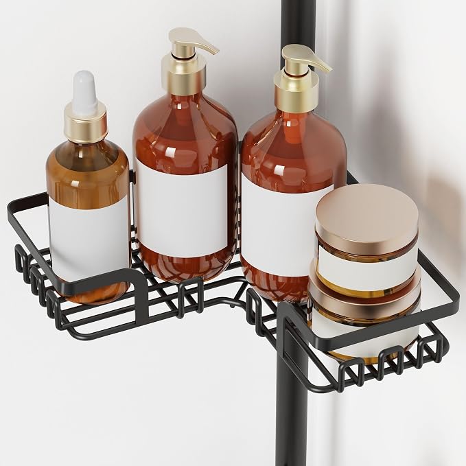 ZUNTO Tension Pole Shower Caddy with 2 Towel Holder and Hooks for Bathroom, Adjustable 25in-114in Floor to Ceiling Shower Organizer, Standing 4 Tier Corner Shelves for Storage and Hanging, Matte Black