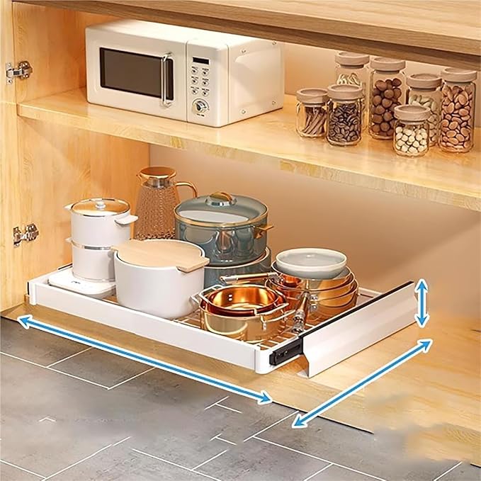 Pull out Cabinet Organizer,Under Sink Organizer, Pull out drawers for cupboards,Kitchen Storage,No Need Drill and Nailing,for Kitchen, Living Room, Home.(White,45.5 * 42 * 9cm)