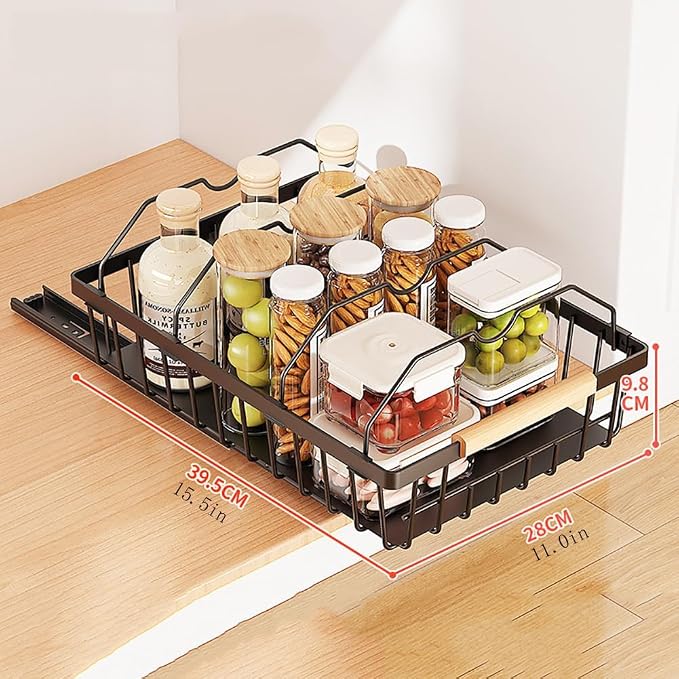 Takywep Pull Out Cabinet Organizer, No Drill Adhesive Pull Out Drawers, Pantry Organizers with 2 Iron Wires & Quiet Rails, Slide Out Cabinet Organizer for Bathroom, Kitchen, Pantry, Black