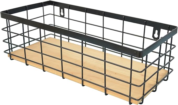 ShabbyDecor Metal Wire Basket Detachable Wood Base Storage Organizer Farmhouse Hanging Basket for Kitchen Cabinets, Bathroom, Pantry, Laundry Room,1 Pack in Black Color,Medium Size