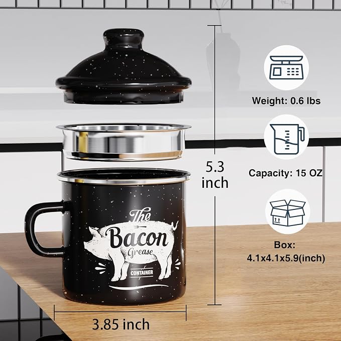 PGYARD Mini Bacon Grease Container With Strainer - 15OZ Enamel Grease Saver, Farmhouse Bacon Grease Keeper For Kitchen Fat Storage, Dishwasher Safe-Black