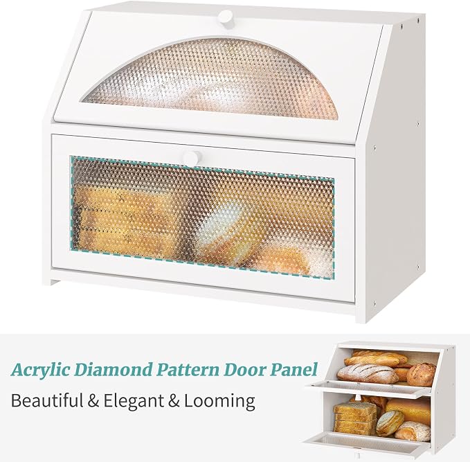 Bread Box, Bamboo Wood Bread Box for Kitchen Counter, Double-layer Bread Storage Bin, Acrylic glass with Diamond Patterns (White, Large)
