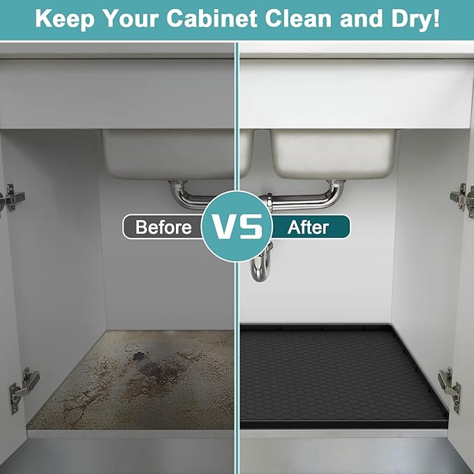Under Sink Mat 28" x 22", Silicone Under Kitchen Sink Mat, Waterproof Under Sink Protector Mat, Shelf Liners Cabinet Liner for Kitchen and Bathroom, Black
