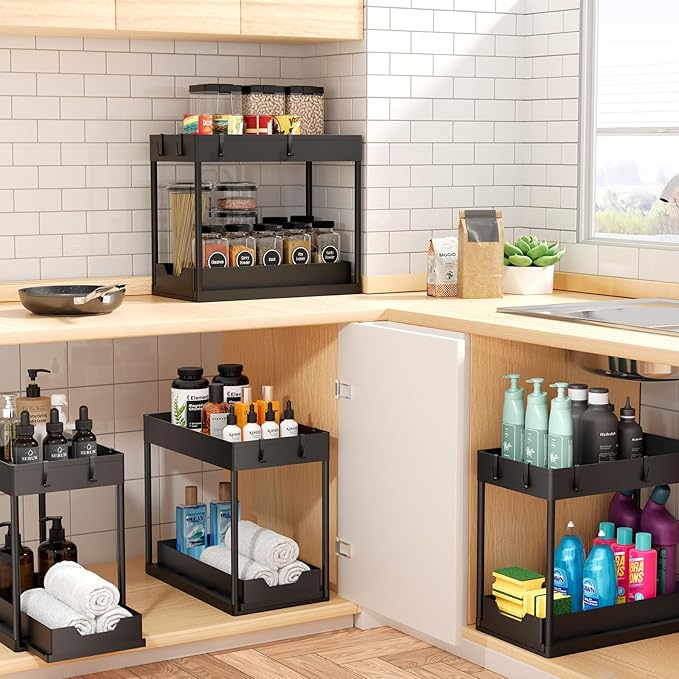 Ekisemio Under Sink Organizer 2 Pack, 2-Tier Pull-Out Bathroom Organizers and Storage, Sliding Cabinet Basket for Kitchen, Black | Sliding Drawer