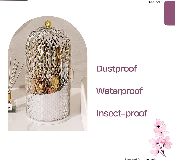 LEFEEL Lumière Mini 360 Rotating Makeup Organizer with Lid, Diamond Cut Cosmetic Organizer - Dustproof Vanity Organizer for Makeup Brushes, Toothbrush & Bathroom Countertop （White