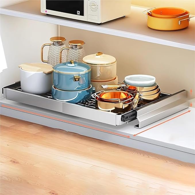 Pull out Cabinet Organizer,Under Sink Organizer, Pull out drawers for cupboards,Kitchen Storage,No Need Drill and Nailing,for Kitchen, Living Room, Home.(Silver,59.5 * 42 * 9cm)