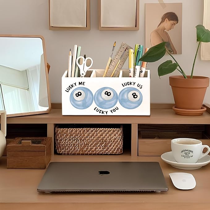 Trendy Preppy Light Blue Pen Pencil Holder for Desk, Girly Office Decor, Retro Lucky 8 Ball Wooden Box Sign Decorations for Girly Room Bedroom Dorm Office Desk Tabletop
