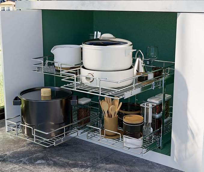 LOVMOR 2 Tier Individual Pull Out Cabinet Organizer 27" W x 21½" D, Slide Out Kitchen Cabinet Storage Sliding Shelves