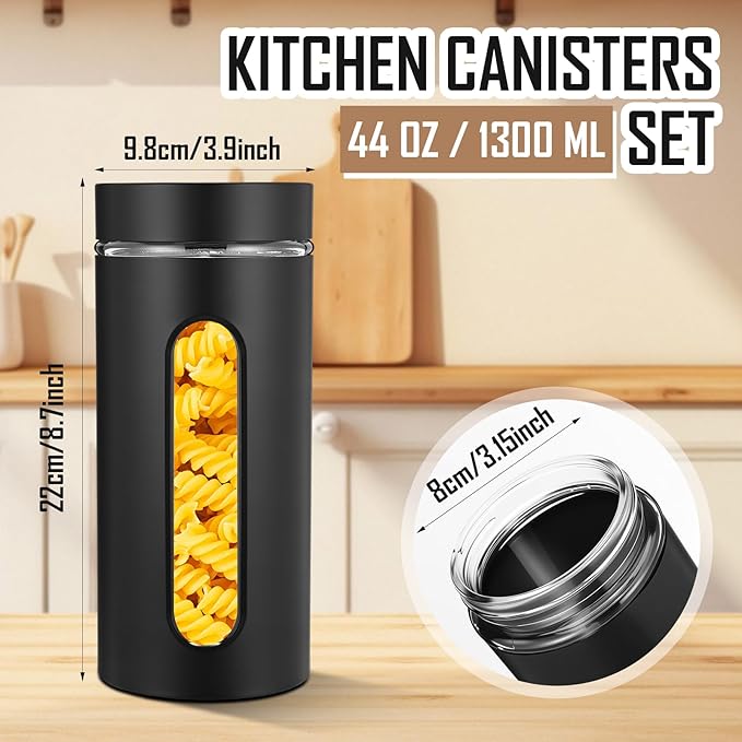 Mimorou 3 Pcs Stainless Steel Canister Set with Glass Windows Visible Storage Jars Silver Kitchen Canister Set for Pasta Flour Oat Sugar Container, Kitchen Tools, Housewarming Gifts(Black,44 oz)