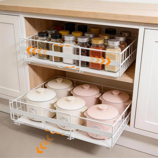 2 Pack Expandable Pull out Cabinet Organizer, Width (13"-21") Pull Out Drawers for Cabinets, Full Extension Upgrade 3 Slide Rails Slide Out Drawers, No Drill Adjustable Roll Out Shelves (White)