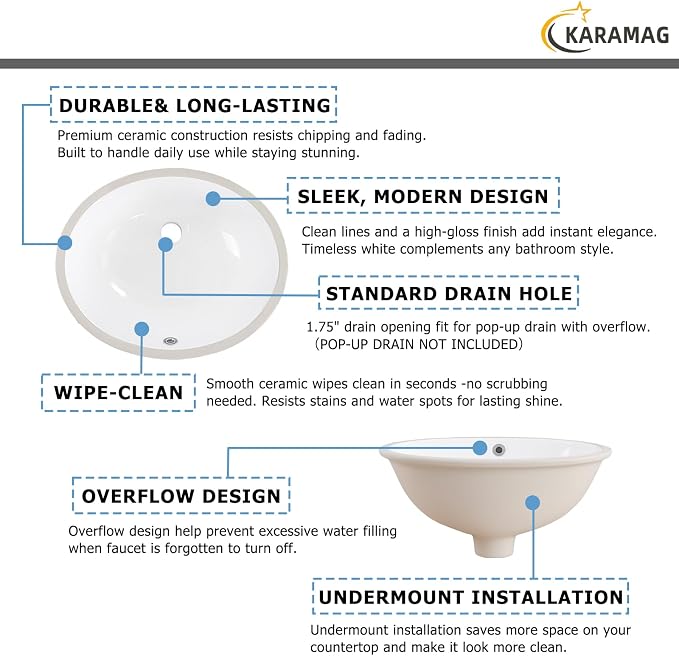 18.4 Inch Undermount Bathroom Sink Oval Undermount Sink White Ceramic Under Counter Bathroom Sinks with Overflow (18.4"x15")