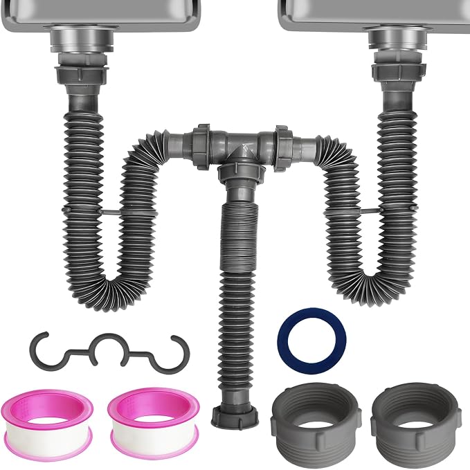Flexible Expandable Double P-Trap Kit for 1 1/2" or 1 1/4" Double Bowl Sink Drain, Tube Pipes Kit Fit for Kitchen, Bathroom, Complete with Sealing Ring, Tape, and Tubing