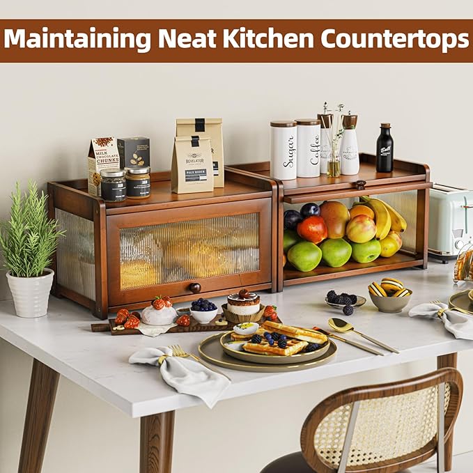 BAMBANG Bamboo Bread Box for Kitchen Countertop, Extra Large Farmhouse Bread Box with 4-Side Clear Panels, Wooden Bread Storage Container for Homemade Bread, Amber