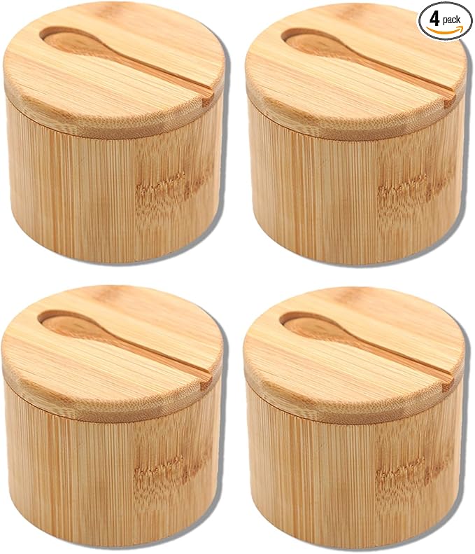 Bamboo Salt Cellar Set of 4 with Magnetic Swivel Lid & Spoon, Salt and Pepper Storage Container, Kitchen Countertop Organizer for Spices, Herbs