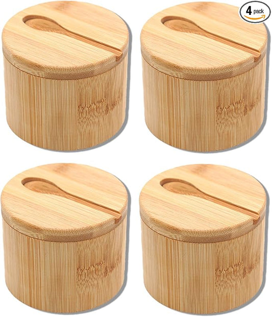 Bamboo Salt Cellar Set of 4 with Magnetic Swivel Lid & Spoon, Salt and Pepper Storage Container, Kitchen Countertop Organizer for Spices, Herbs