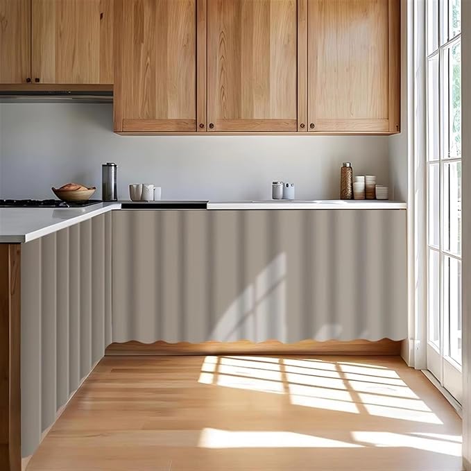 Under Sink Curtain for Closet, Privacy Short Cabinet Curtain Self Stick Adhesive Desk Skirt for Kitchen Classroom, Grey A, 35" W x 32" L