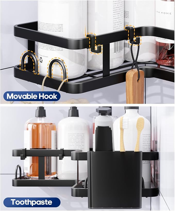 3 Pack Corner Shower Caddy Organizer, Rustproof Corner Shower Shelves, No Drilling Bathroom Corner Shelf with Hooks and Toothpaste Holder