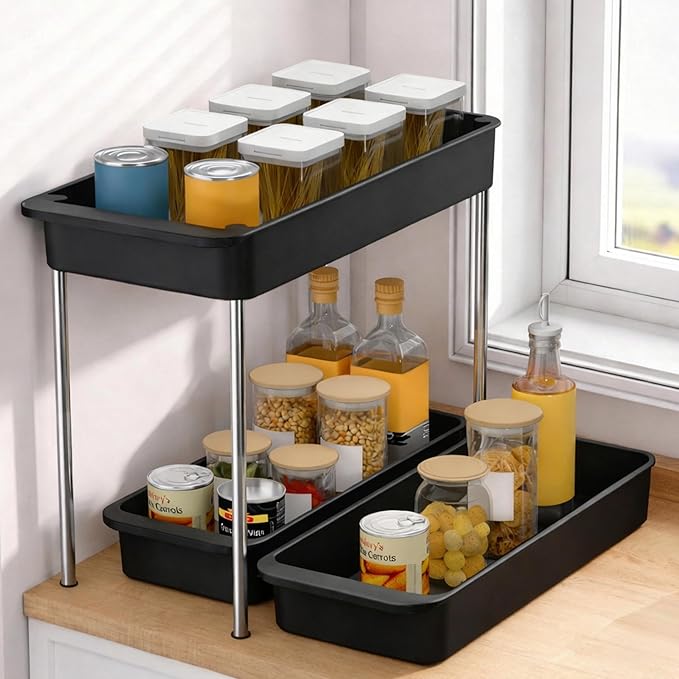 2-Tier Under Sink Organizer with Smooth Rolling Wheels, Pull-Out Bottom Storage Drawer with Easy-Lift Handle, Metal & Plastic Sliding Cabinet Organizer for Kitchen & Bathroom, Black, 2 Pack