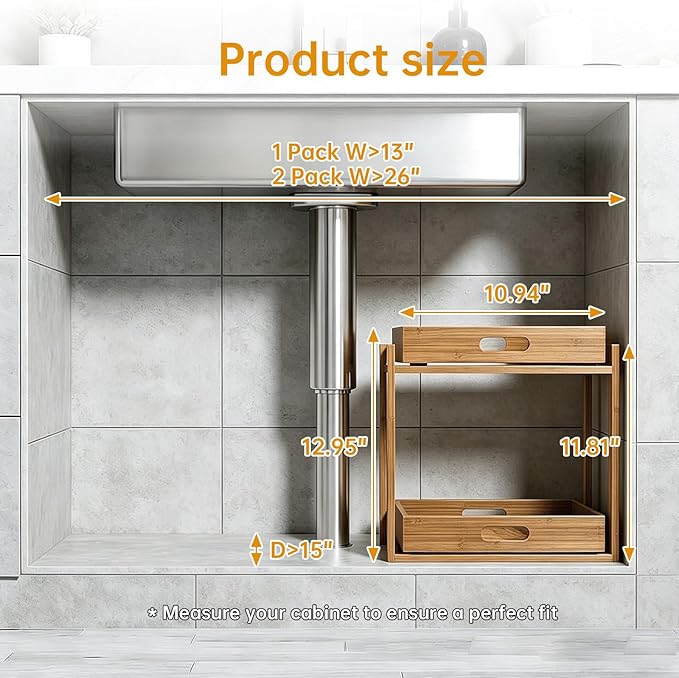 Under Sink Organizer and Storage - 2-Tier Bamboo Kitchen Cabinet Shelf with Adjustable Levels, Undersink Organization Slide Out for Bathroom Cabinet Pantry Brown