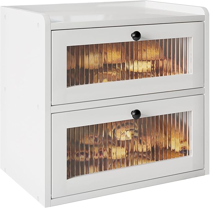 Alpeir Double Layer Large Bread Box for Kitchen Countertop, White | Ventilation Hole, Longer Fresh, Natural Wood, Fit Homemade Bread & Baked, Extra Top Storage, Acrylic Window, Modern Style
