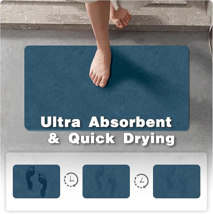 TYUU Bathroom Mat Quick Dry, Bathroom Rugs Non Slip Washable Thin Absorbent Bath Mat Fits Under Door Bathroom Floor Mat Perfect for Bath, Shower, or Sink 24"x48" Denim Blue