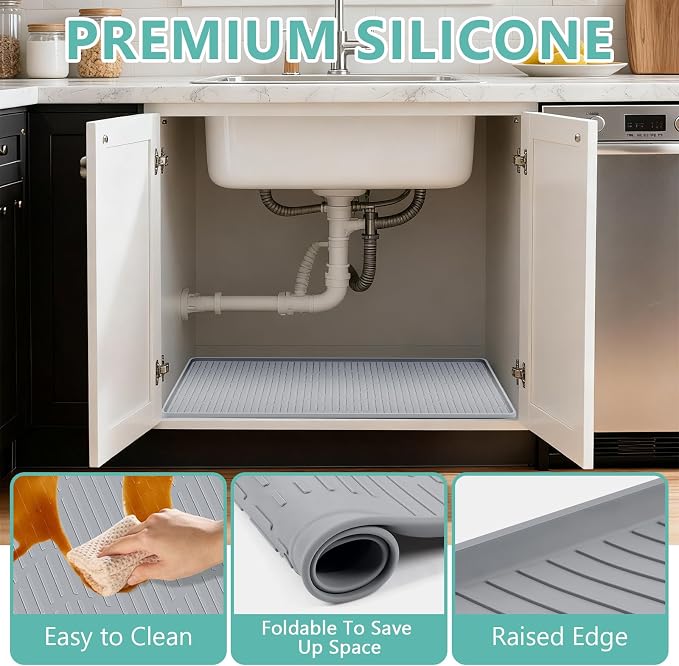 32" x 22" Under Sink Mat for Kitchen Lanstics Under Sink Organizer Waterproof Raised Edge Silicone Mat Sink Protector Silicone Organizers Tray for Kitchen Bathroom 33" and 36" Sinks