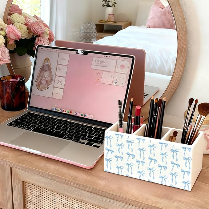 Blue Coquette Bow Pen Pencil Holder for Desk, Girly Office Decor, Preppy Blue Bow Aesthetic Wooden Box Sign Decorations for Girly Room Bedroom Dorm Office Desk Tabletop