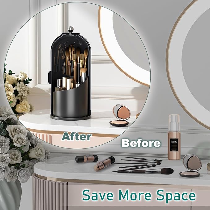 GAXmi Makeup Brush Holder with Lid Rotating Cosmetic Organizer, Dark Black | 360 Rotation, Waterproof, Dustproof, Moistureproof