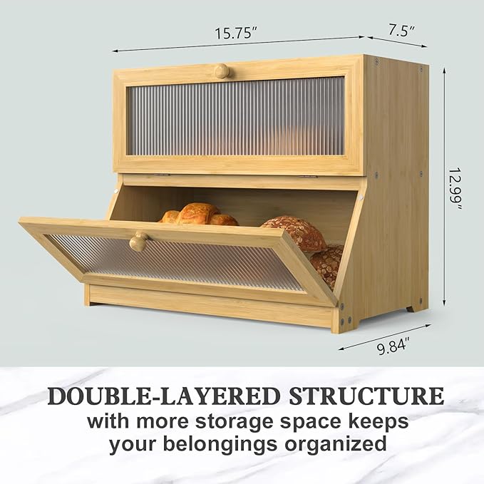 LOHASOK Bamboo Bread Box for Kitchen Countertop, Double Layer Large Bread Storage Container for Homemade Bread with Window & Lid, Bread Keeper Holder,Wood Color
