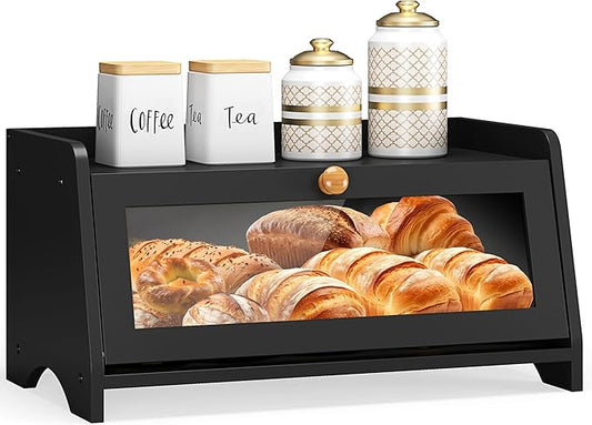 JANSNIMEN Bread Box for Kitchen Countertop, Large Bread Container Storage, Wooden Farmhouse Bread Box with Window Bread Holder (Black)