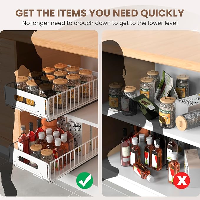 4 Pack Pull Out Cabinet Organizer, NECHEGI Heavy Duty Slide Out Pantry Drawers Shelves Storage With Strong Adhesive Strips and Handle for Kitchen, Bathroom, Living Room, Home (14.8"D X 9.6"W X 3.9"H)