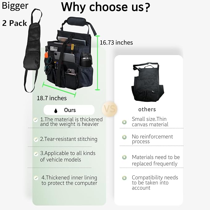 2 Pack Front & Seat back organizer with dedicated tablet and 17 IN laptop storage stabilizers external stabilizing side straps soft adjustable shoulder straps hardened buckle (Large Black)