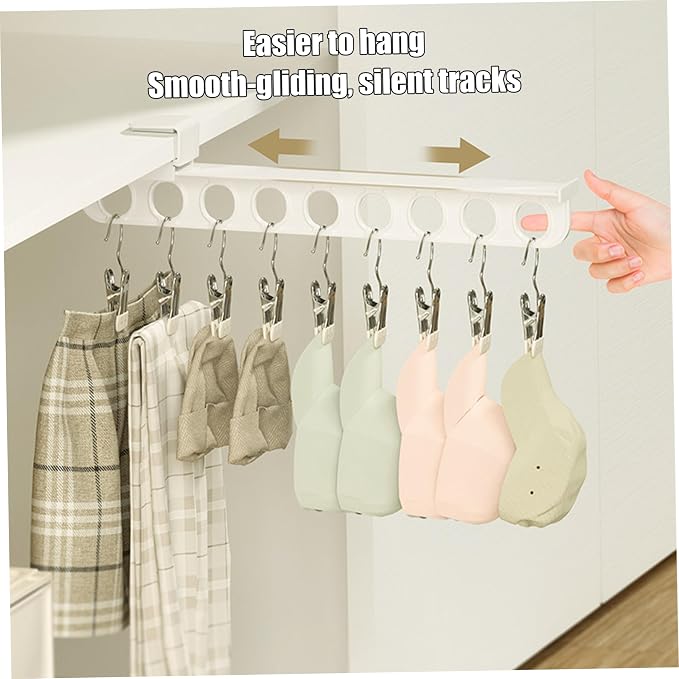 Closet Valet Rod Slide Out, 9 Holes Pull Out Closet Valet Rod - Smooth Silent Slide, No-drill Install, Space-saving Organizer, White