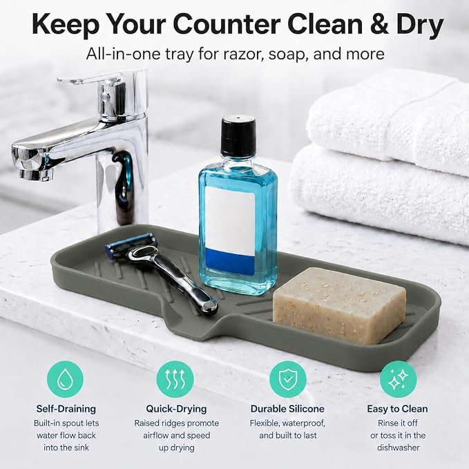 MicoYang Silicone Soap Dish with Drain Spout — Self-Draining Double Sink Organizer Tray for Kitchen & Bathroom, Dispensers, Sponges & Soap Holder, Non-Slip & Dishwasher Safe, Grey (Large, 12"×4")