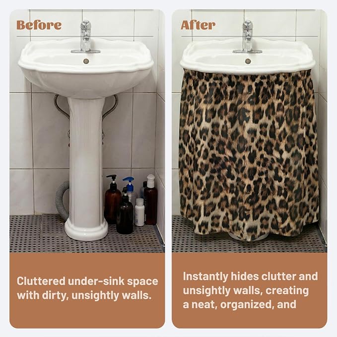 Leopard Print Sink Skirt for Bathroom, Self Stick Adhesive Waterproof Fabric, Wild Safari Cheetah Under Sink Curtain Skirt, Pedestal Accessories Decor