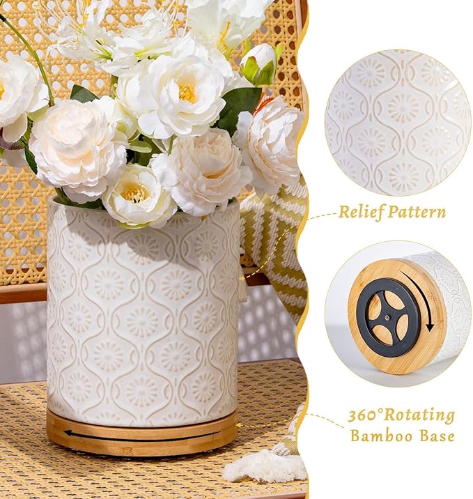 TEATALK Ceramic Utensil Holder Set, 360° Rotating Organizer for Countertop, Farmhouse Vintage Style, Large and Small Crocks in White, 7.7"+5.7"