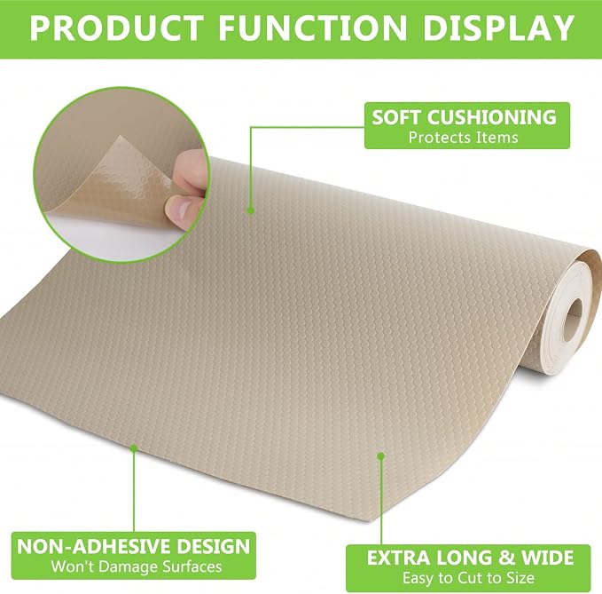 WochiTV Shelf Liner for Cabinets, Drawer 17.5 Inch x 10 Feet, Non Stick EVA Plastic Water Resistant Mat for Kitchen, Bathroom, RV Drawers and Under Sink, Shoe Shelves, Khaki