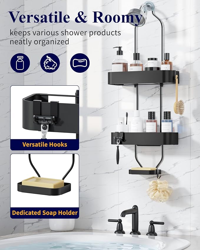 Kitsure Shower Caddy Hanging - No-Drill Bathroom Organizers and Storage, Wobble-Free Bathroom Shelves with Adhesive Tapes, Rust-Proof Shower Storage for Toiletries, Black, 28.5" H
