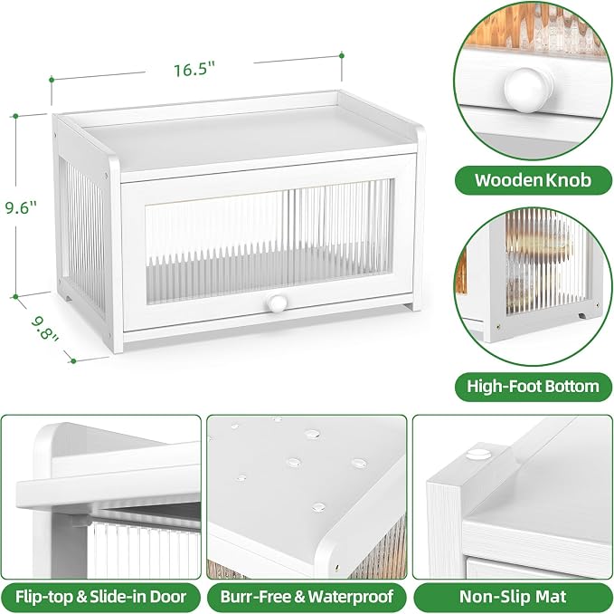 BAMBANG Bamboo Bread Box for Kitchen Countertop, Extra Large Farmhouse Bread Box with 4-Side Clear Panels, Wooden Bread Storage Container for Homemade Bread, White