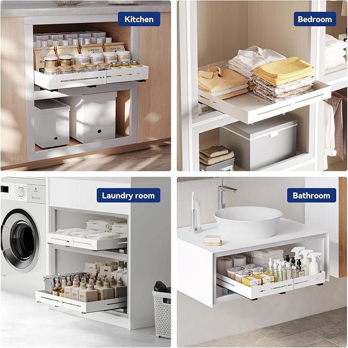 Pull Out Cabinet Organizer With Raising Pad for Framed Cabinets,Adjustable Depth(15.7"-24.4") And Width(12.8"-20.5"),Slide Out Drawers,No Drill Design,Heavy Duty Storing,White