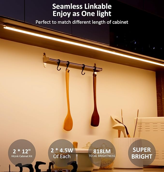 Leetdud Under Cabinet Lighting Plug in, 12 Inch 2 Pcs, Linkable AC120V 3CCT 3000K/4000K/5000K Ultra Slim, LED Under Cabinet Lights for Counter Light, Kitchen, Shelf, Sink, Workshop, Desk, Bronze