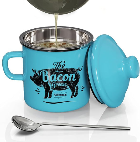 PGYARD Mini Bacon Grease Container With Strainer - 15OZ Enamel Grease Saver, Farmhouse Bacon Grease Keeper For Kitchen Fat Storage, Dishwasher Safe-Light Blue